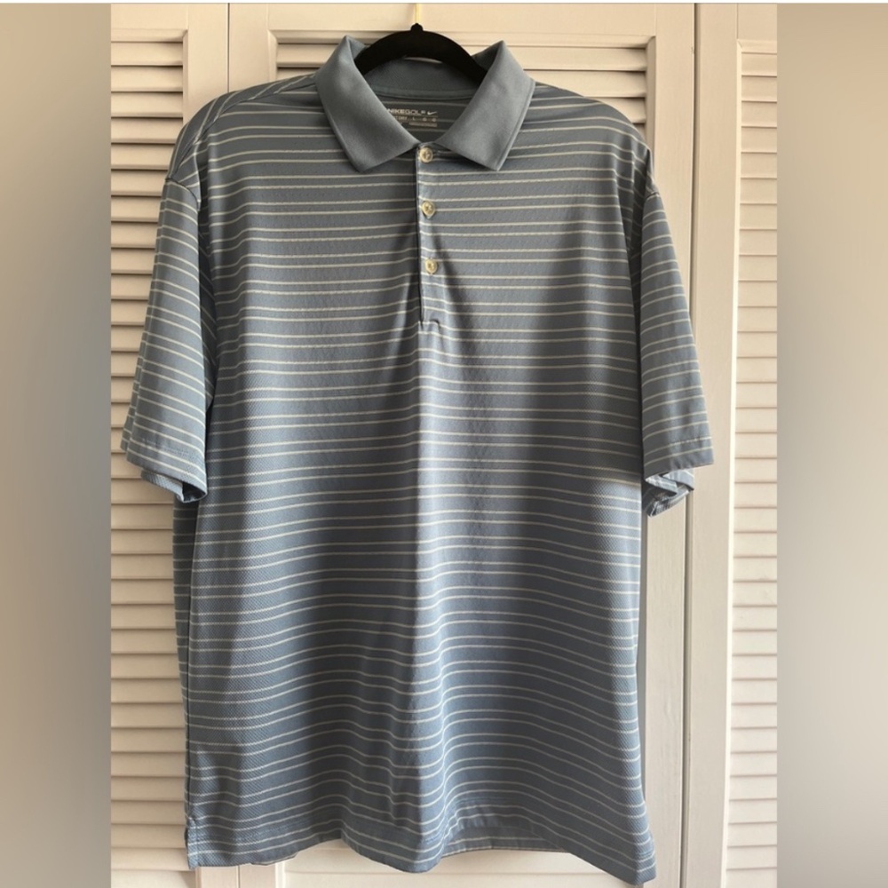 Nike Golf Striped Polo Shirt Mens L Blue Dri-Fit Short Sleeve EUC